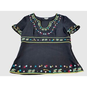 Cacharel Black 100% Silk Embroidered Floral Empire Waist Blouse Top Side Zip